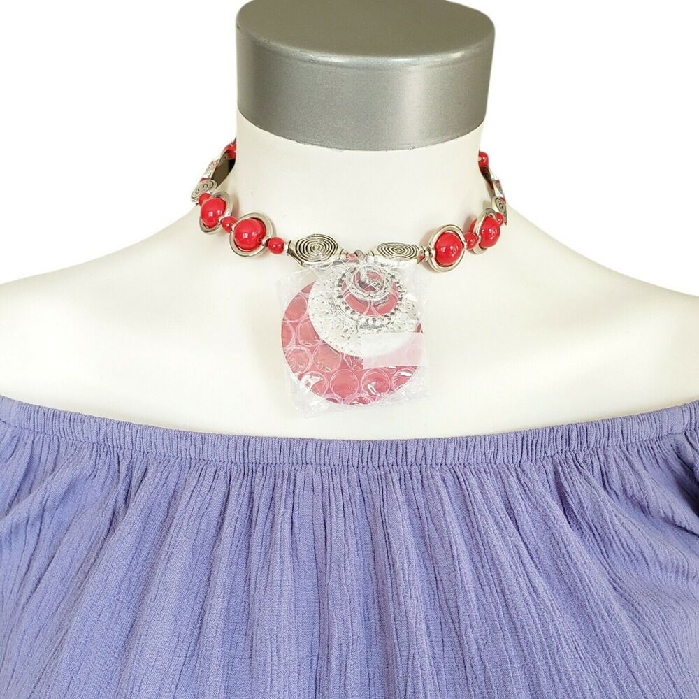 Zevar by TRESKA red beaded medallion boho tribal choker statement necklace NEW